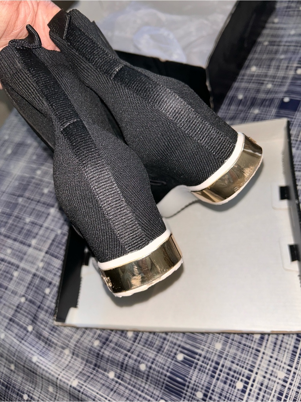 DKNY Black Knit Wedge Sneaker Boot with Gold Accents - Picture 6 of 12